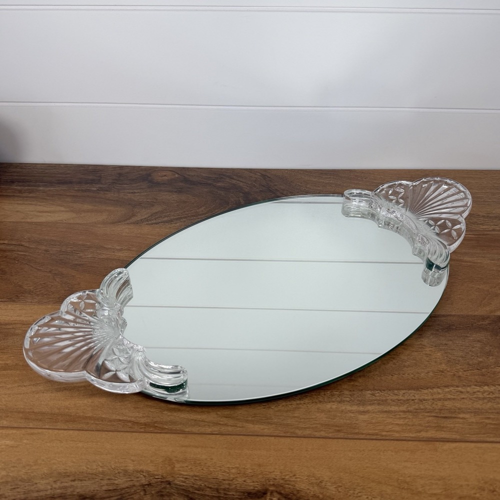 Hollywood Regency Style Oval Vanity Mirror Tray Engraved Lucite Handles